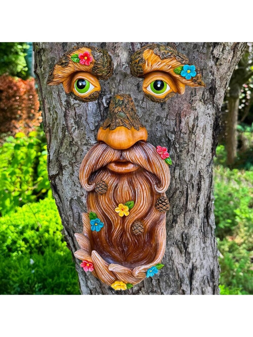 Whimsical Tree Face Decor with Flowers - Outdoor Garden Hugger Yard Art Statue